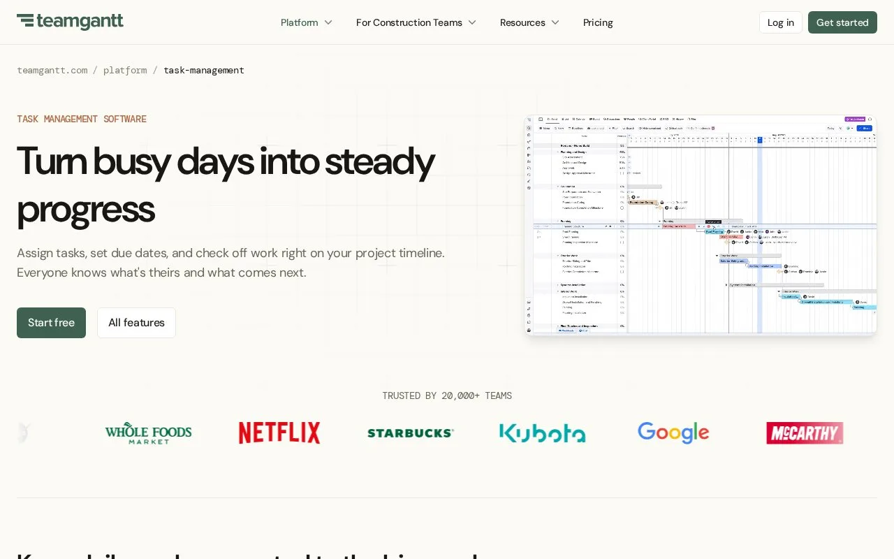 Screenshot of the TeamGantt homepage