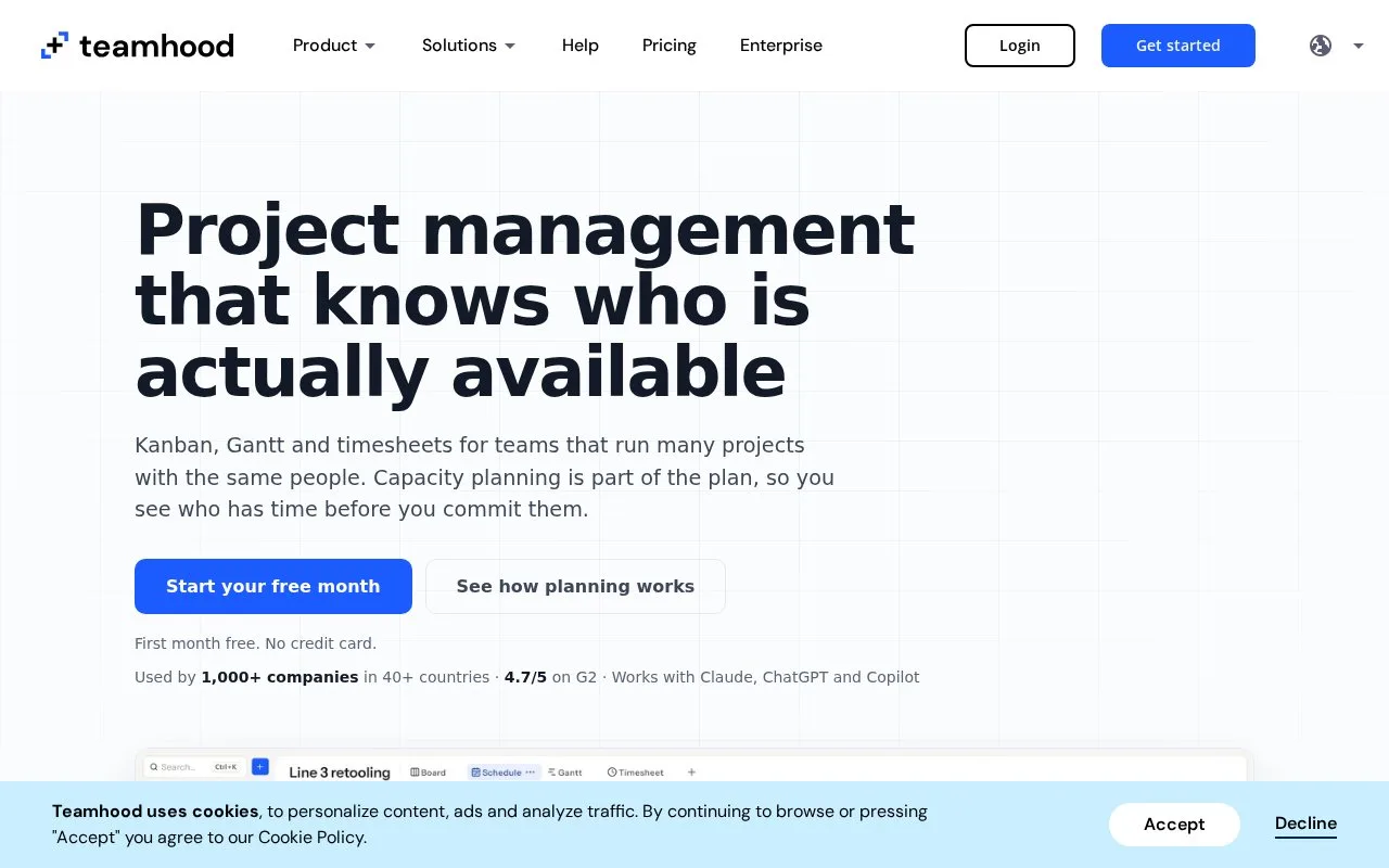 Screenshot of the Teamhood homepage