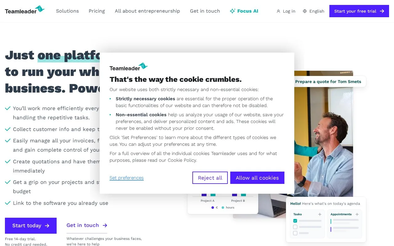 Screenshot of the Teamleader Focus homepage