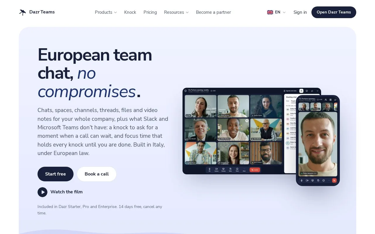 Screenshot of the Dazr Teams homepage