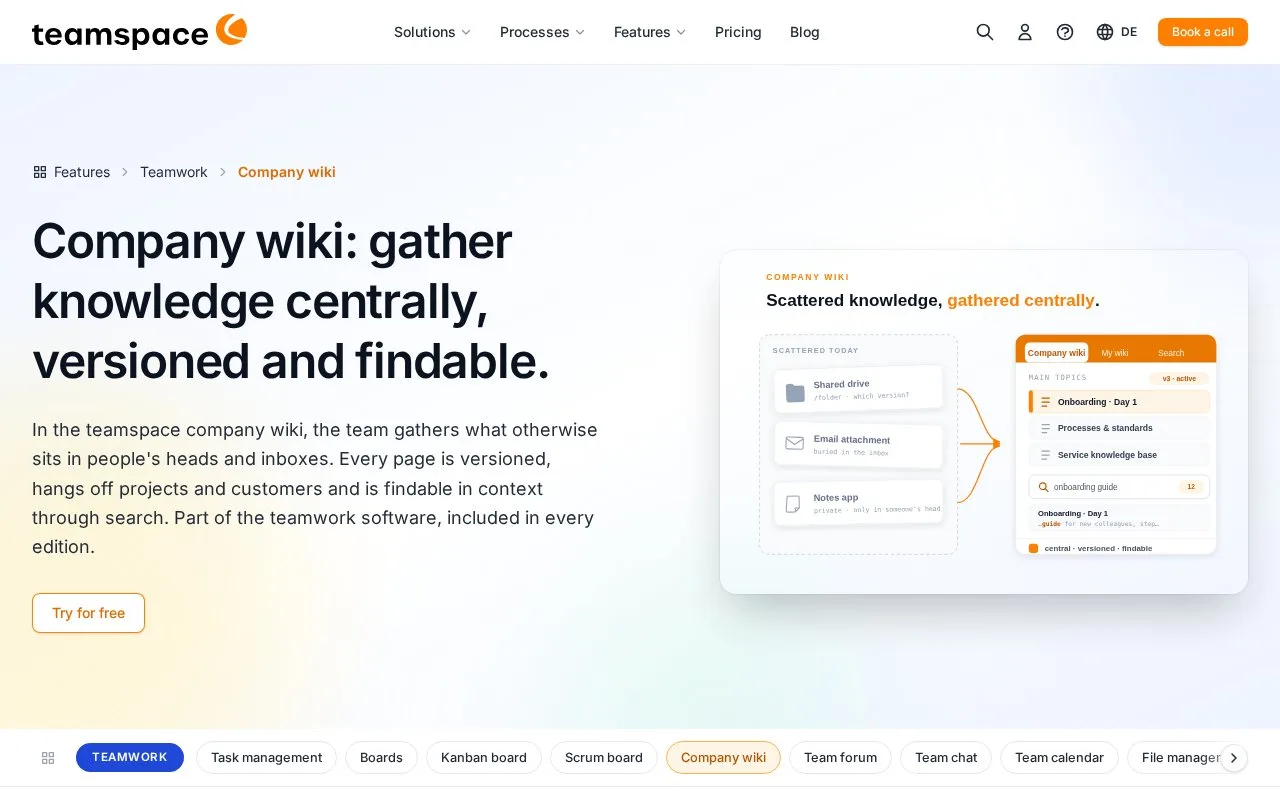 Screenshot of the Teamspace Company Wiki homepage