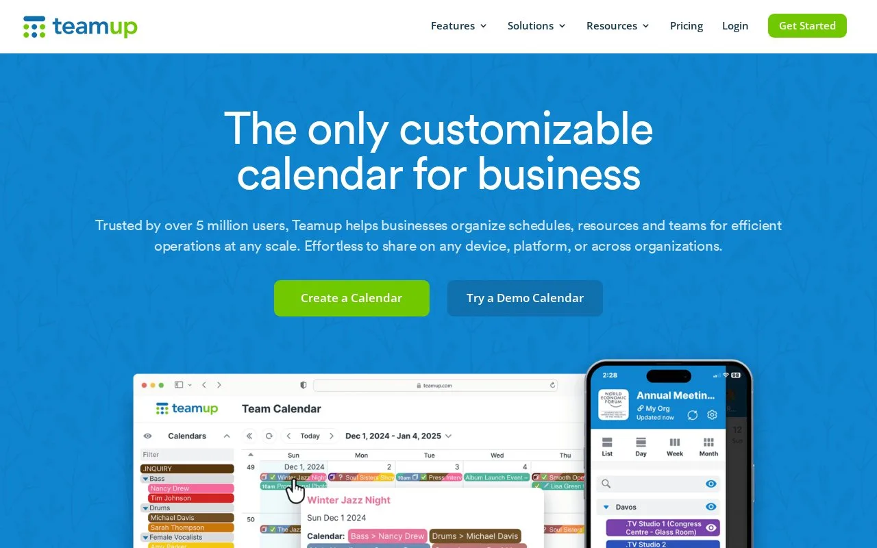 Screenshot of the Teamup Calendar homepage
