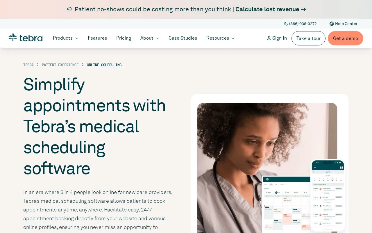 Screenshot of the Tebra homepage