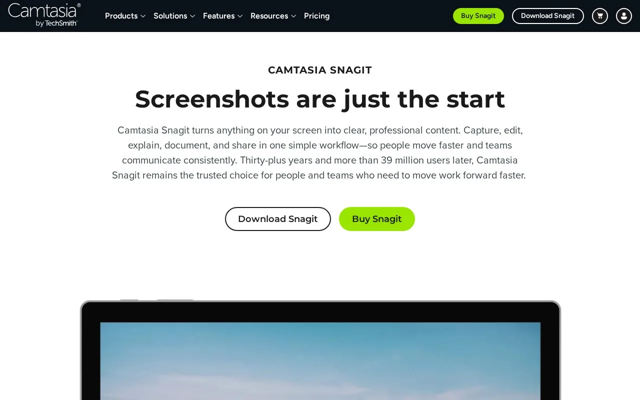 Screenshot of the Camtasia Snagit homepage