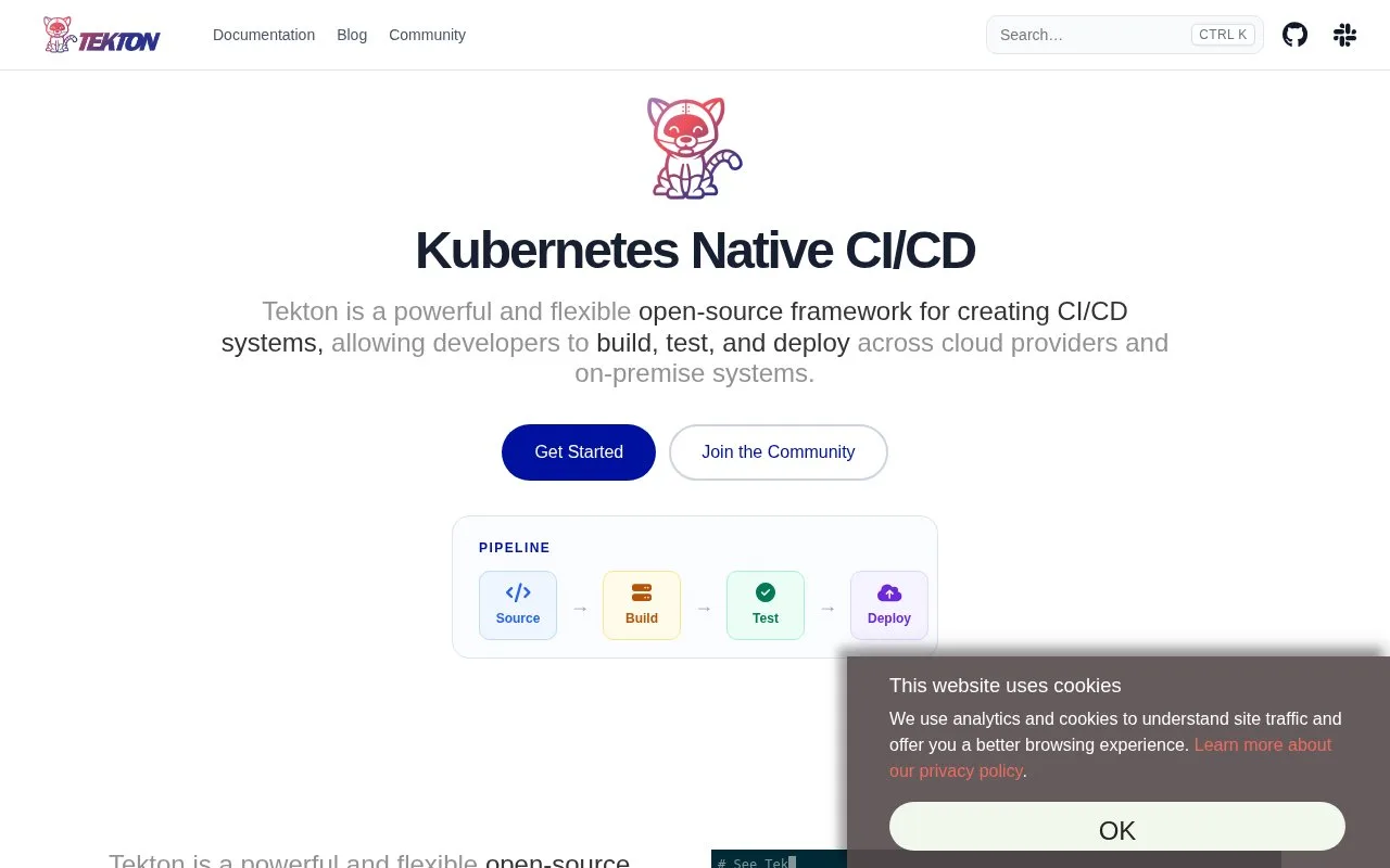 Screenshot of the Tekton Pipelines homepage