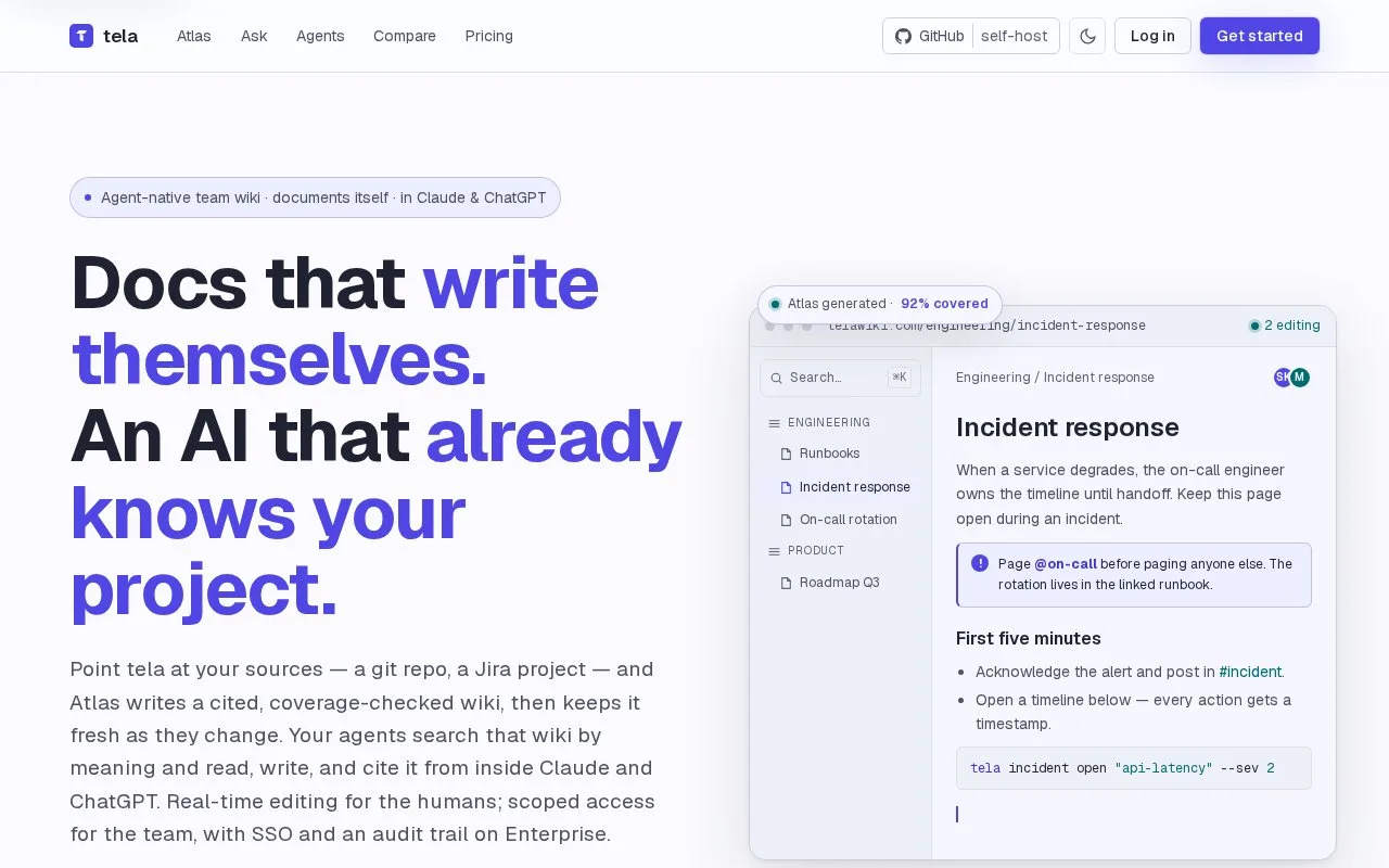 Screenshot of the tela homepage