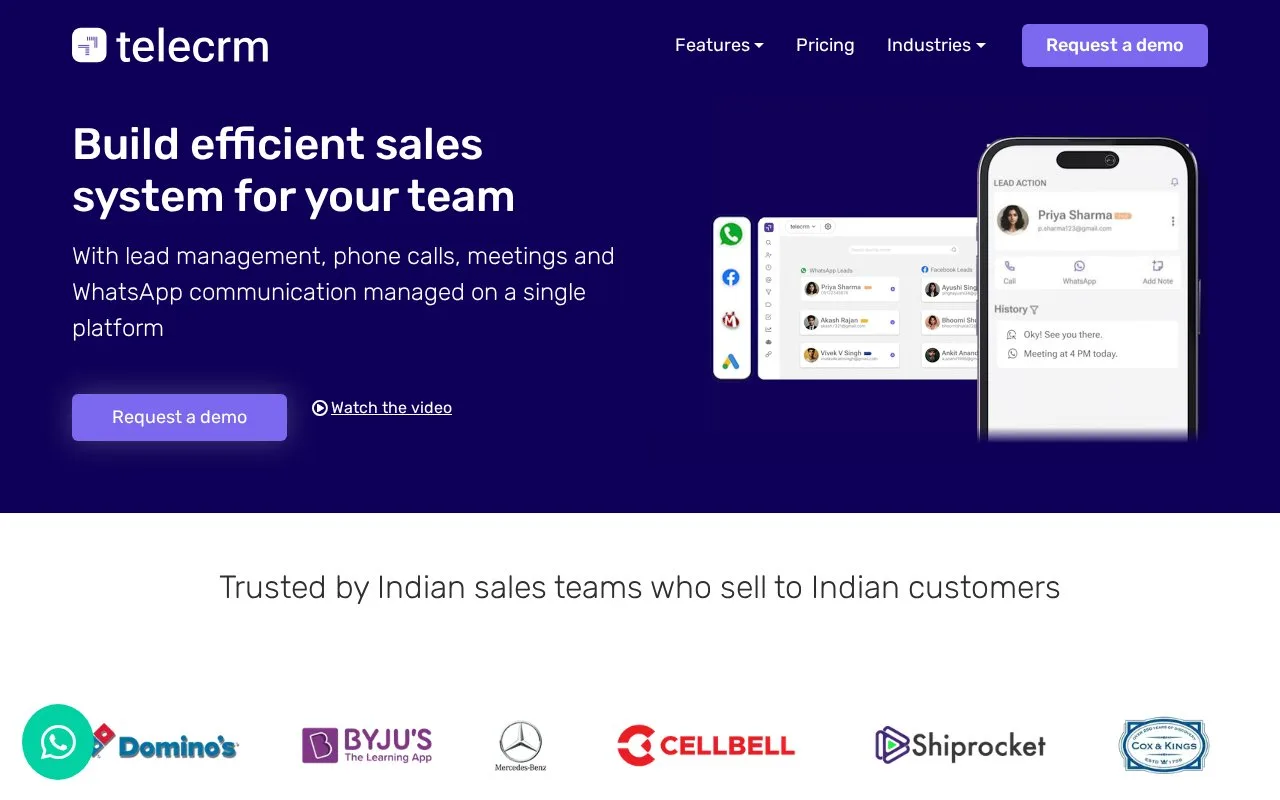 Screenshot of the telecrm homepage