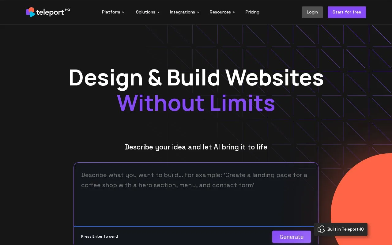 Screenshot of the TeleportHQ homepage
