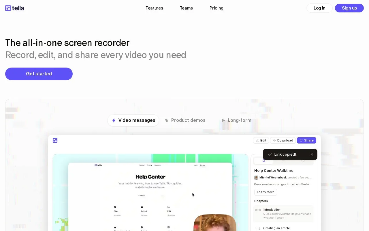 Screenshot of the Tella homepage