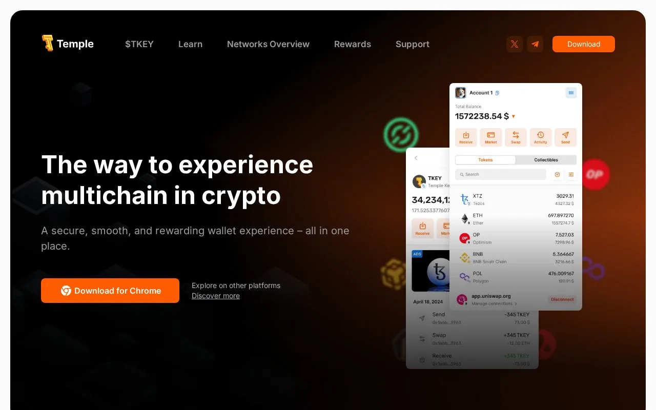 Screenshot of the Temple Wallet homepage