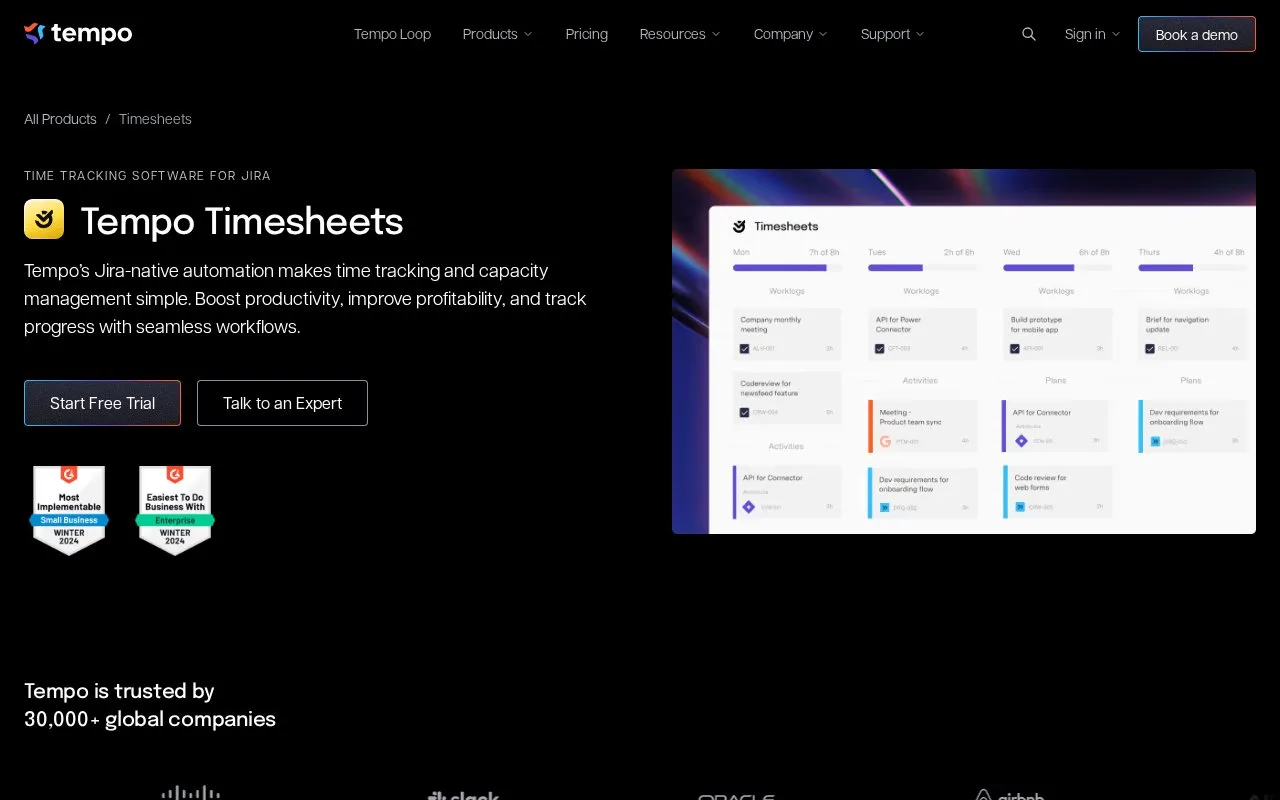 Screenshot of the Tempo Timesheets homepage