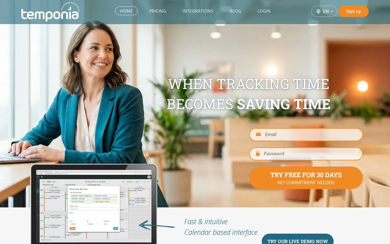 Screenshot of the Temponia homepage