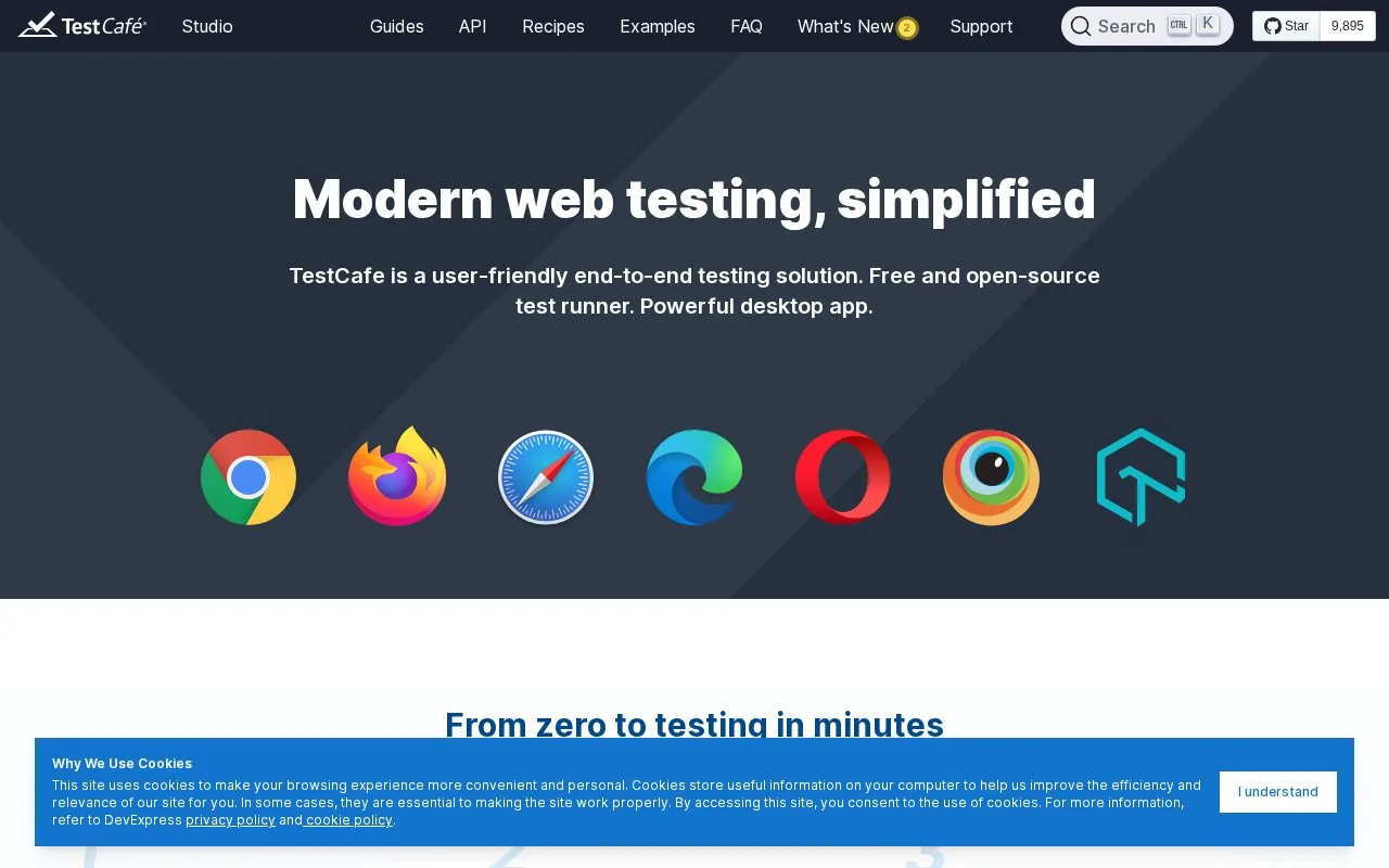 Screenshot of the TestCafe homepage