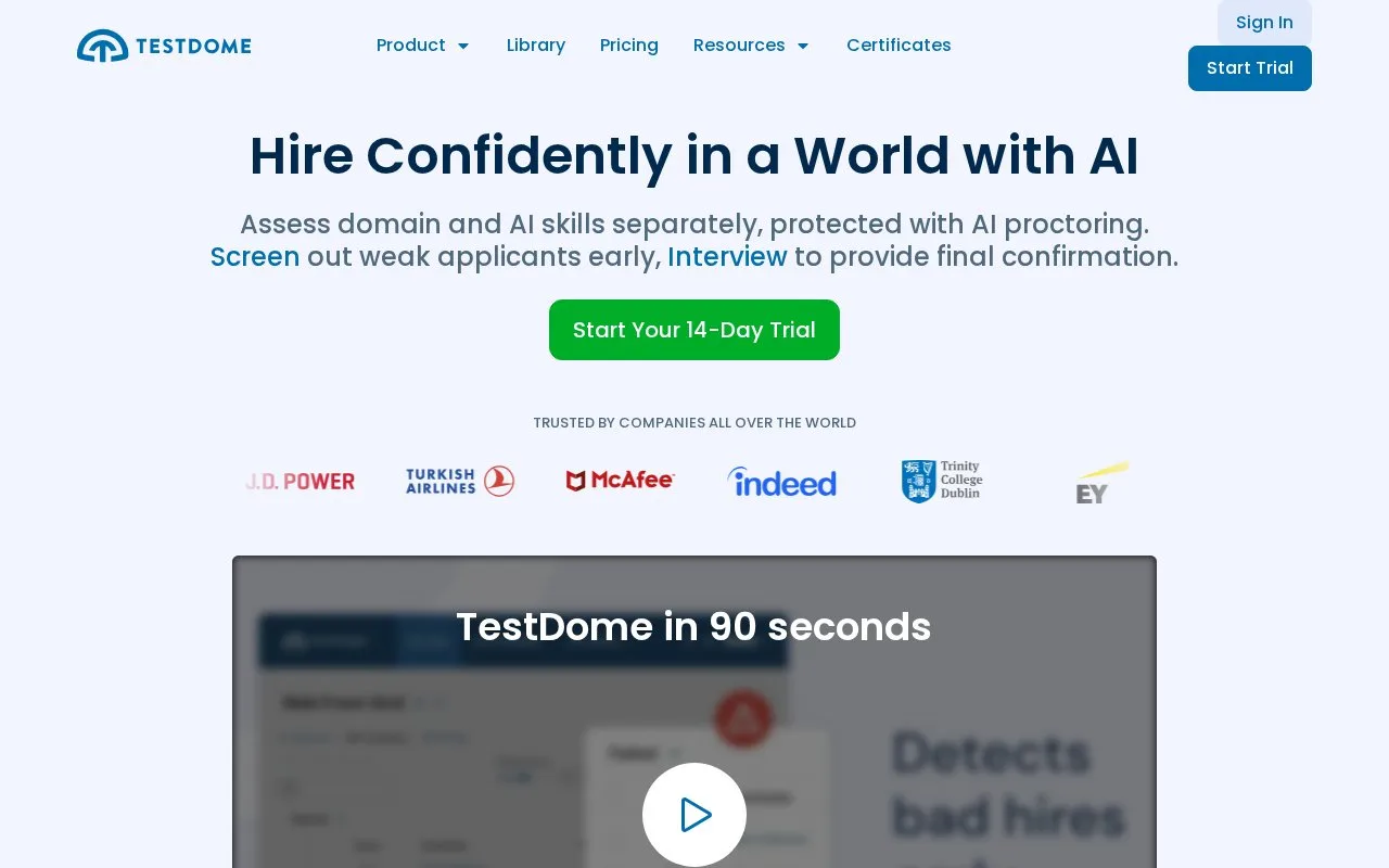 Screenshot of the TestDome homepage
