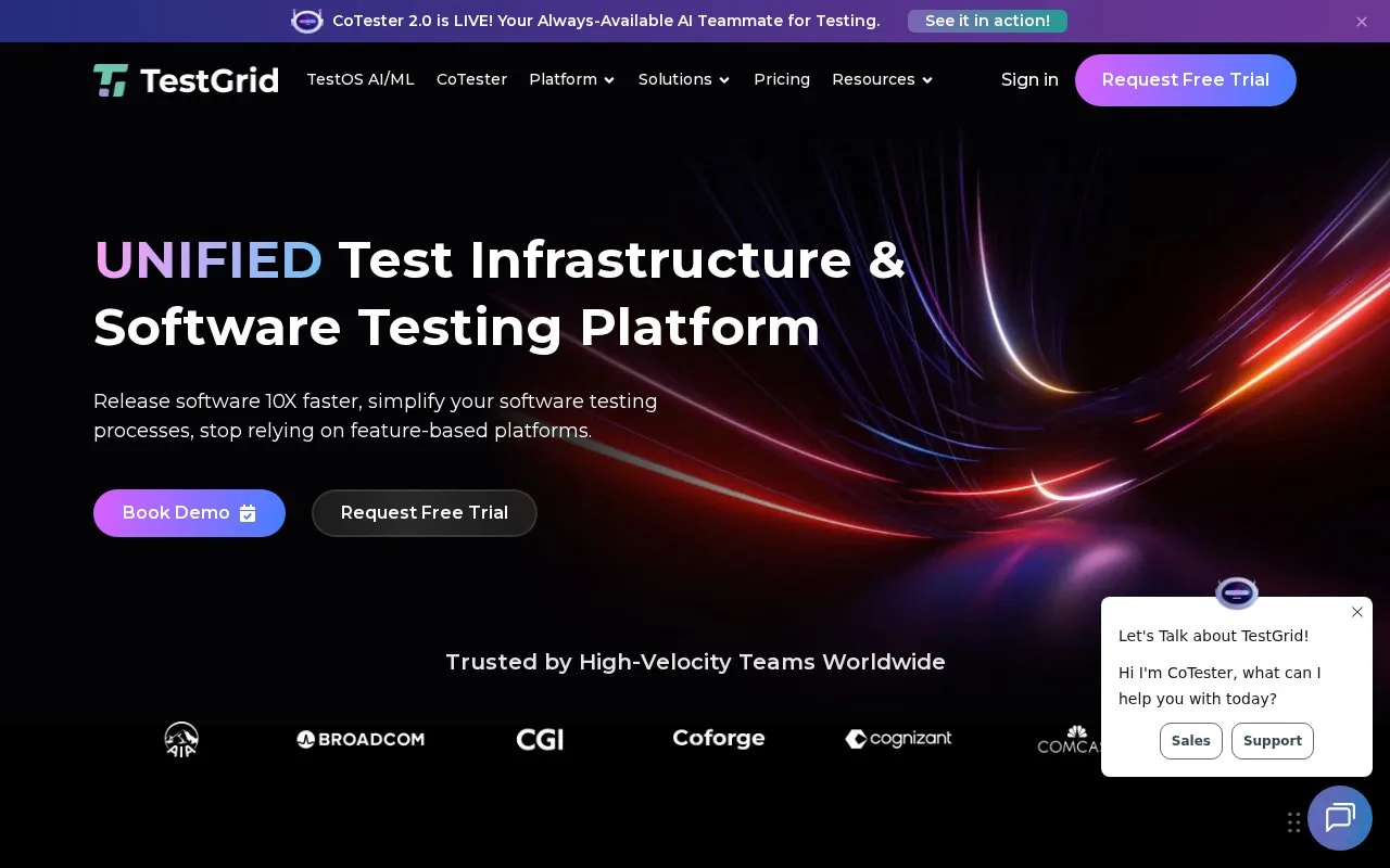 Screenshot of the TestGrid homepage