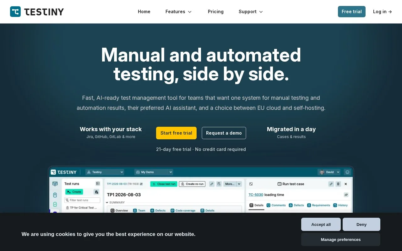 Screenshot of the Testiny homepage