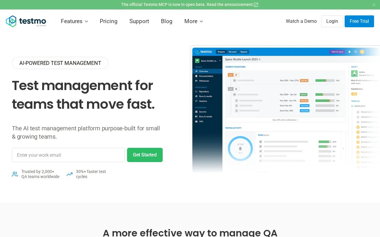 Screenshot of the Testmo homepage