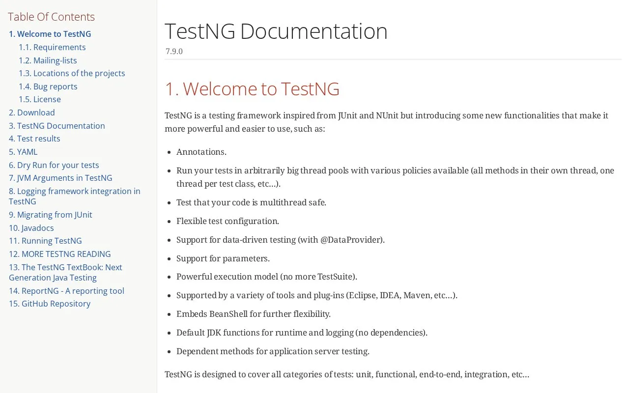 Screenshot of the TestNG homepage