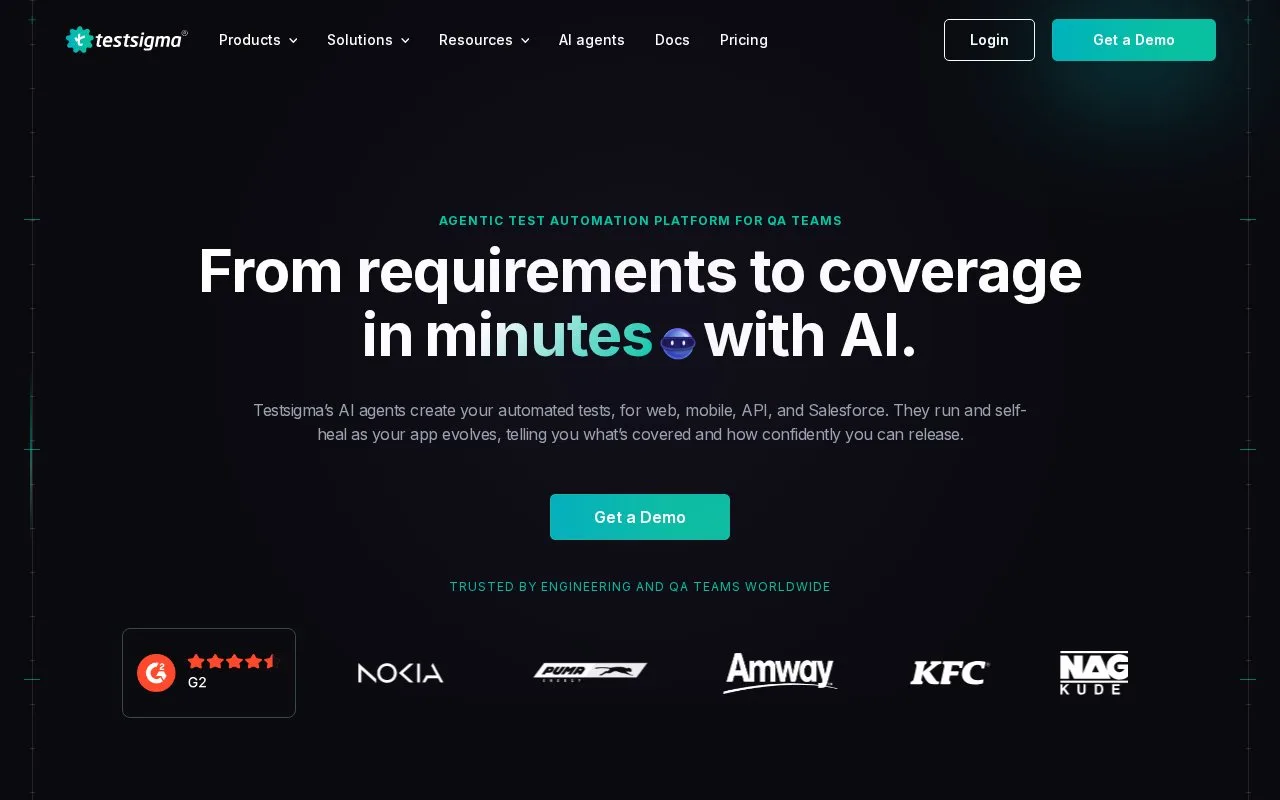 Screenshot of the Testsigma homepage