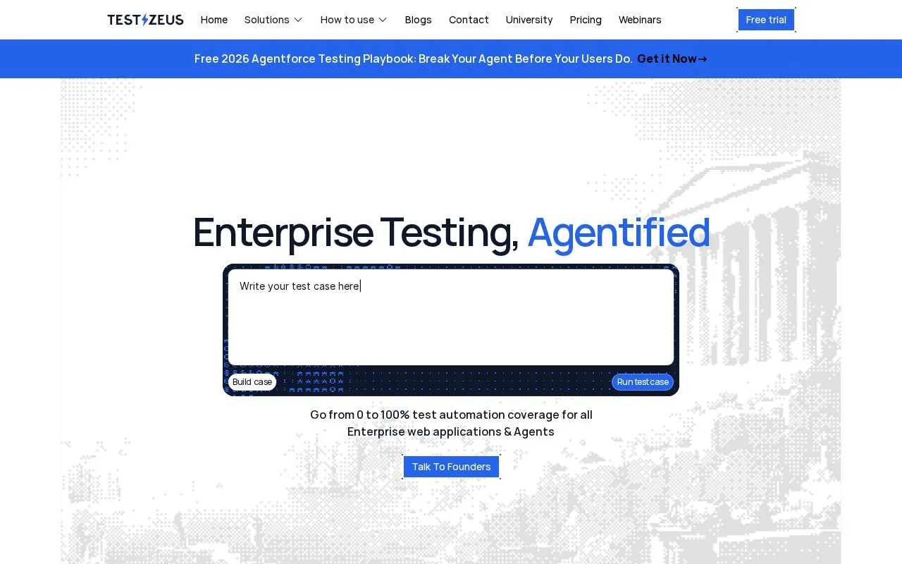 Screenshot of the TestZeus homepage