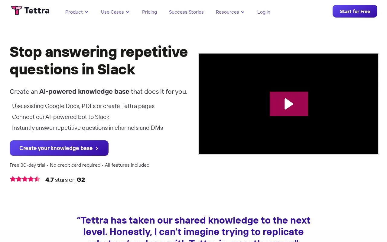 Screenshot of the Tettra homepage