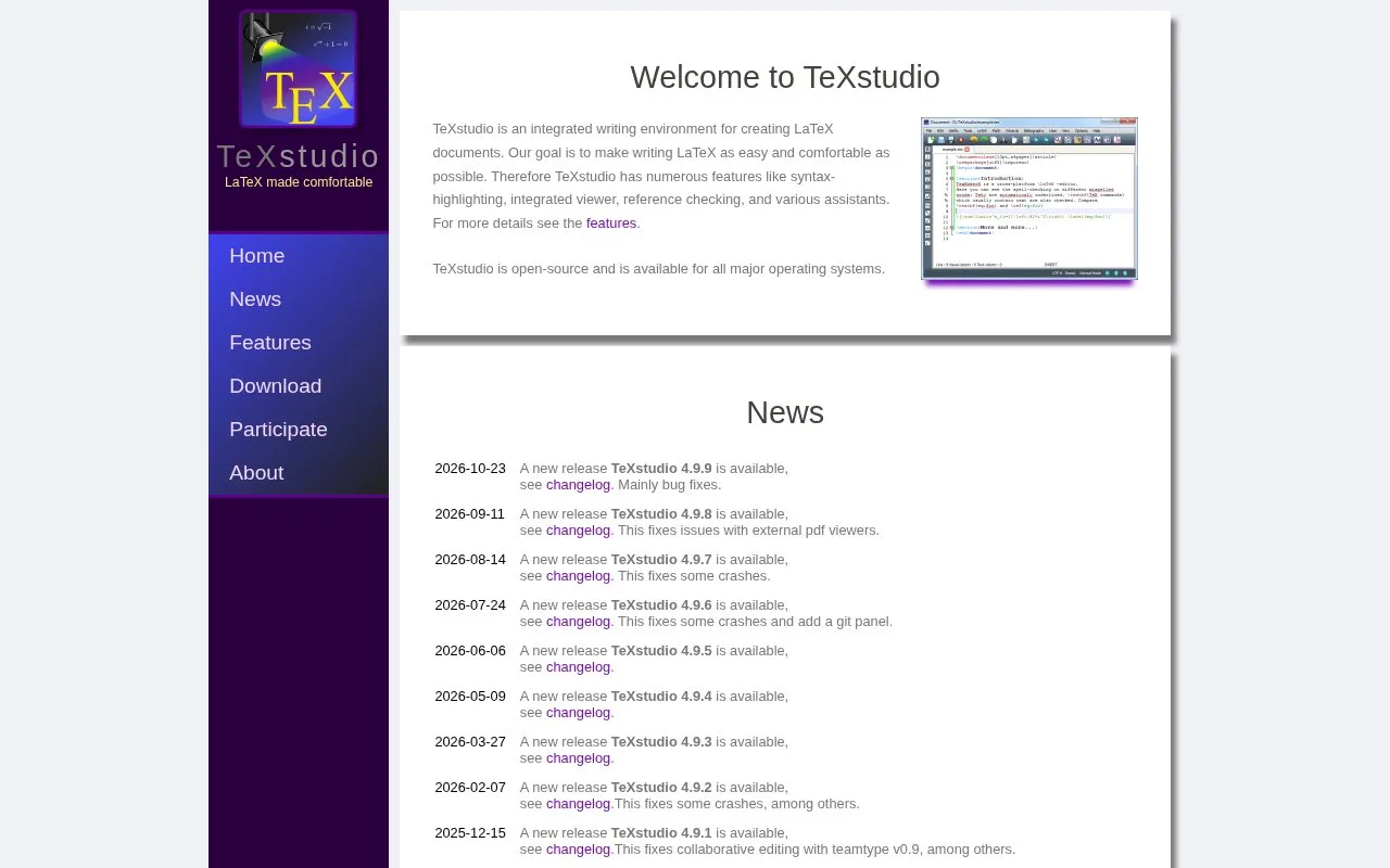 Screenshot of the TeXstudio homepage