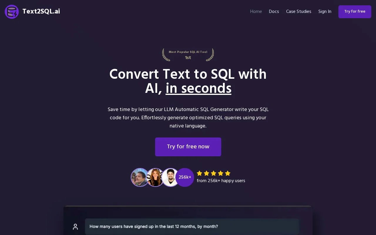 Screenshot of the Text2SQL.ai homepage