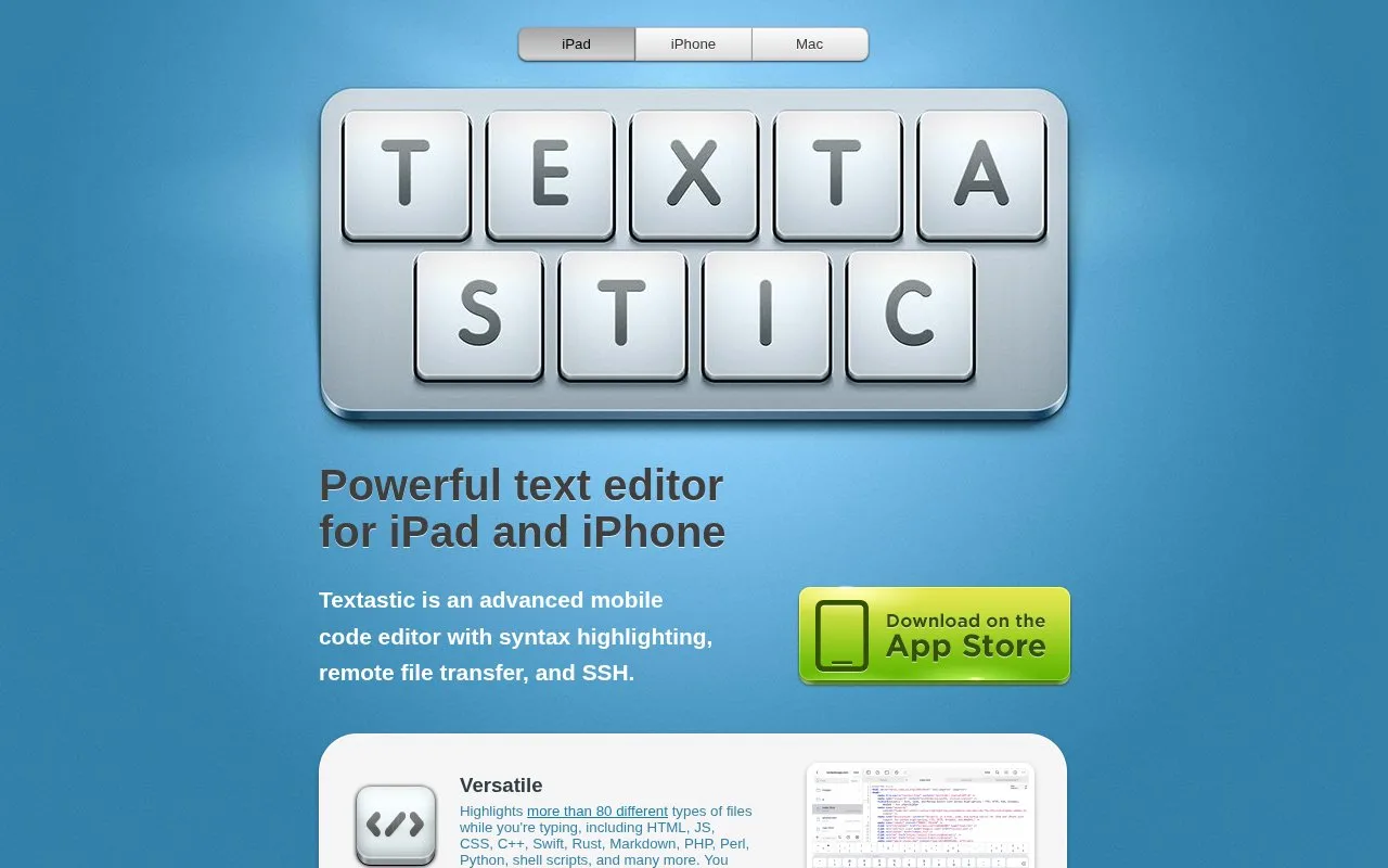 Screenshot of the Textastic for iOS homepage