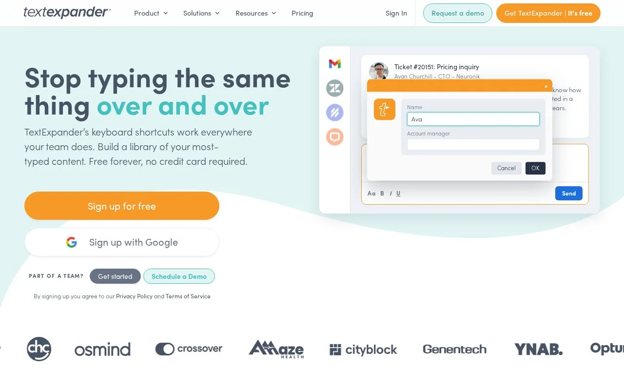 Screenshot of the TextExpander homepage