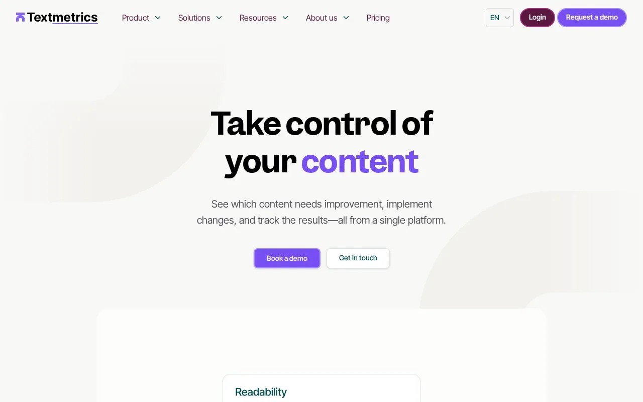 Screenshot of the Textmetrics homepage
