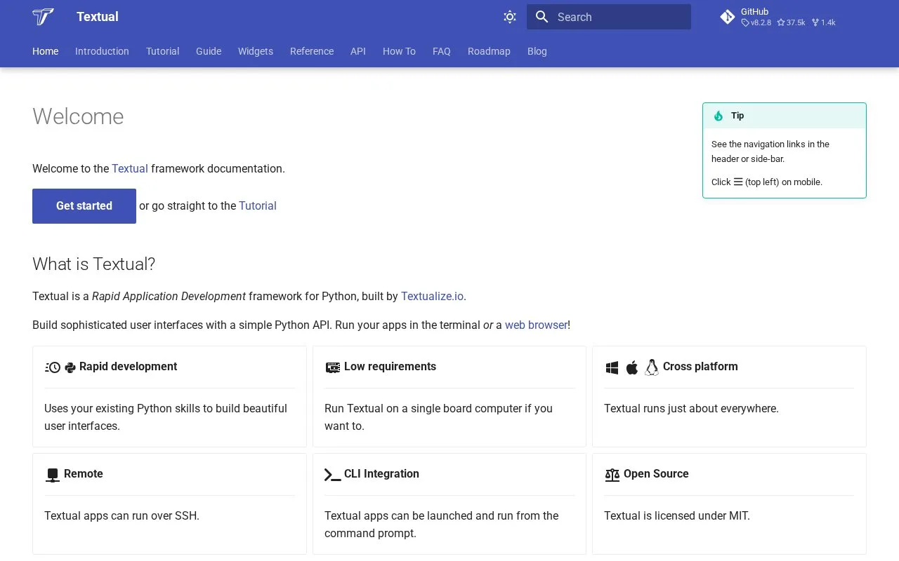 Screenshot of the Textual homepage