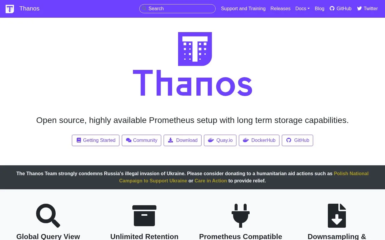 Screenshot of the Thanos homepage