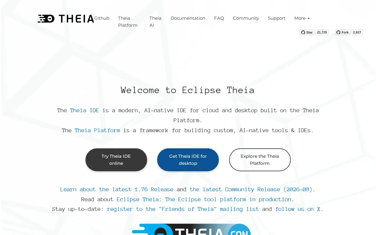 Screenshot of the Theia IDE homepage