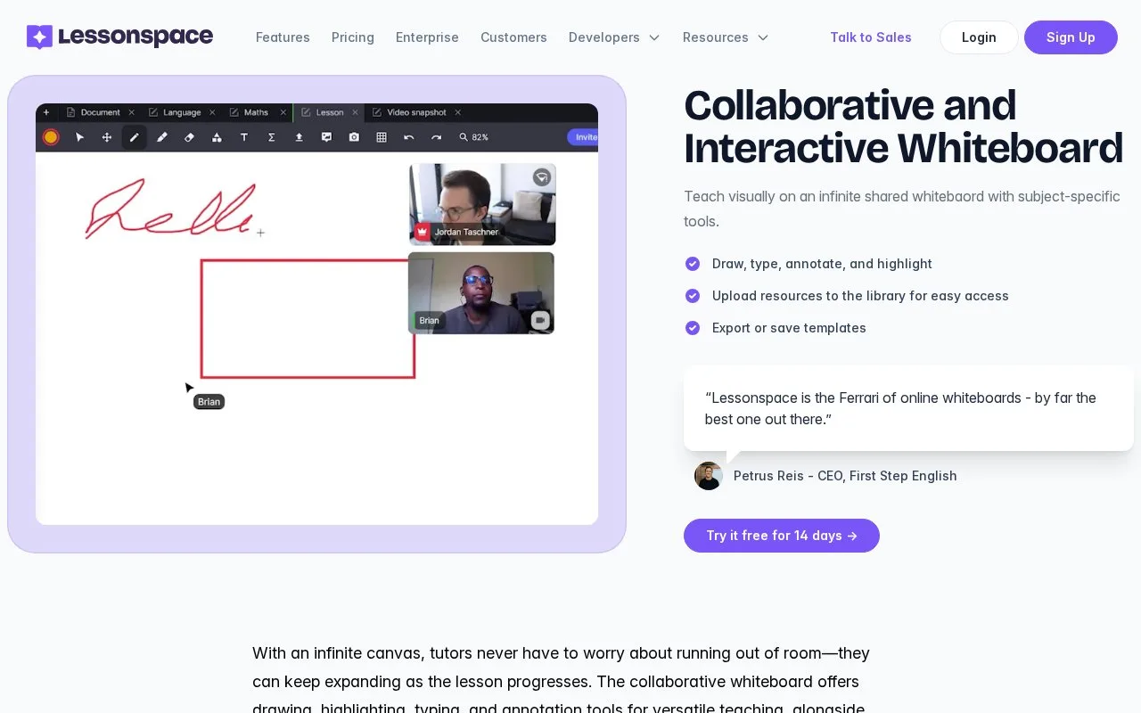 Screenshot of the Lessonspace Online Whiteboard homepage