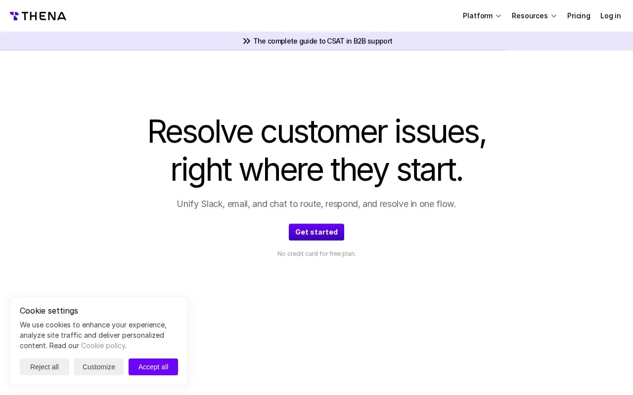 Screenshot of the Thena homepage
