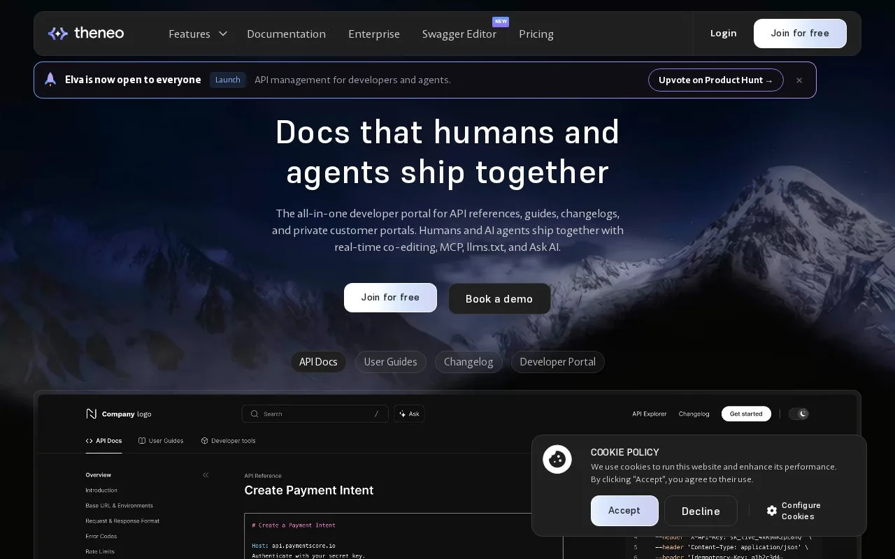 Screenshot of the Theneo homepage
