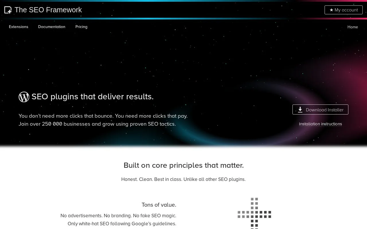 Screenshot of the The SEO Framework homepage