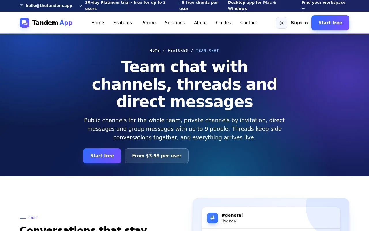 Screenshot of the Tandem App homepage