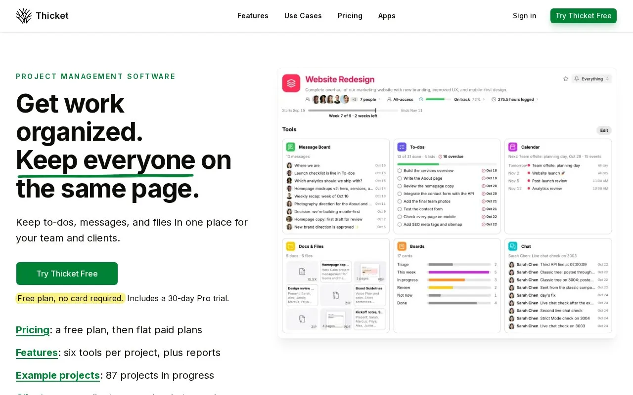 Screenshot of the Thicket homepage