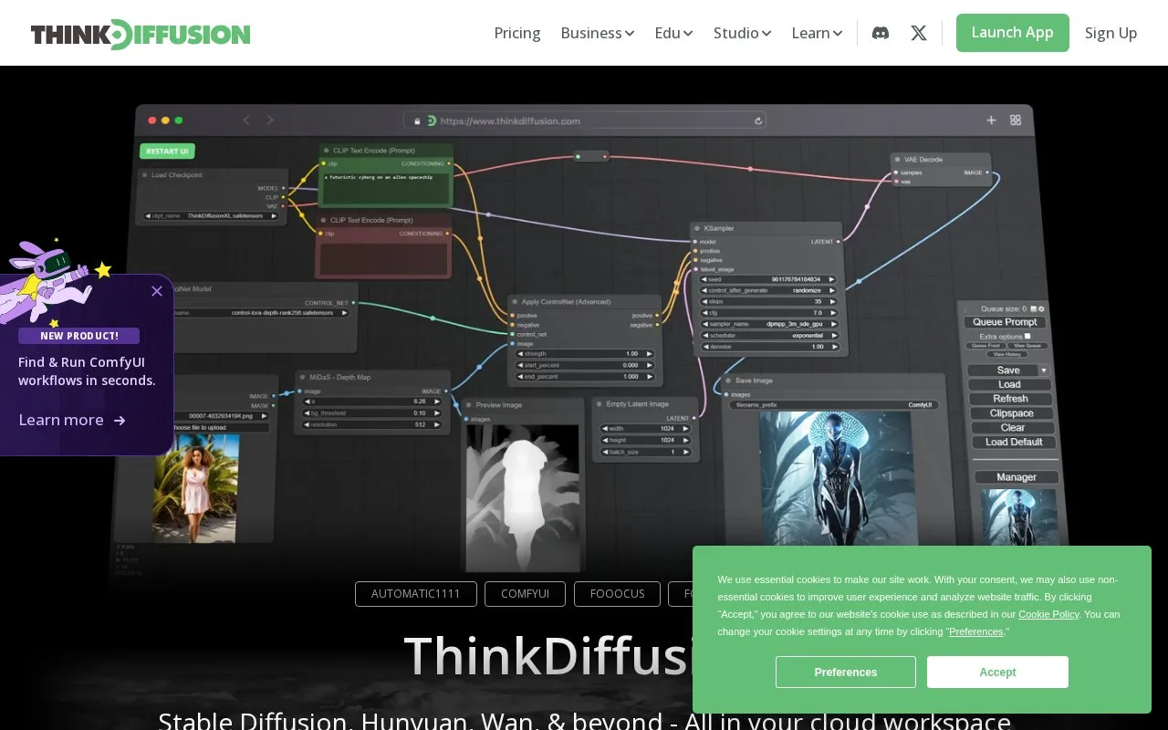 Screenshot of the ThinkDiffusion homepage