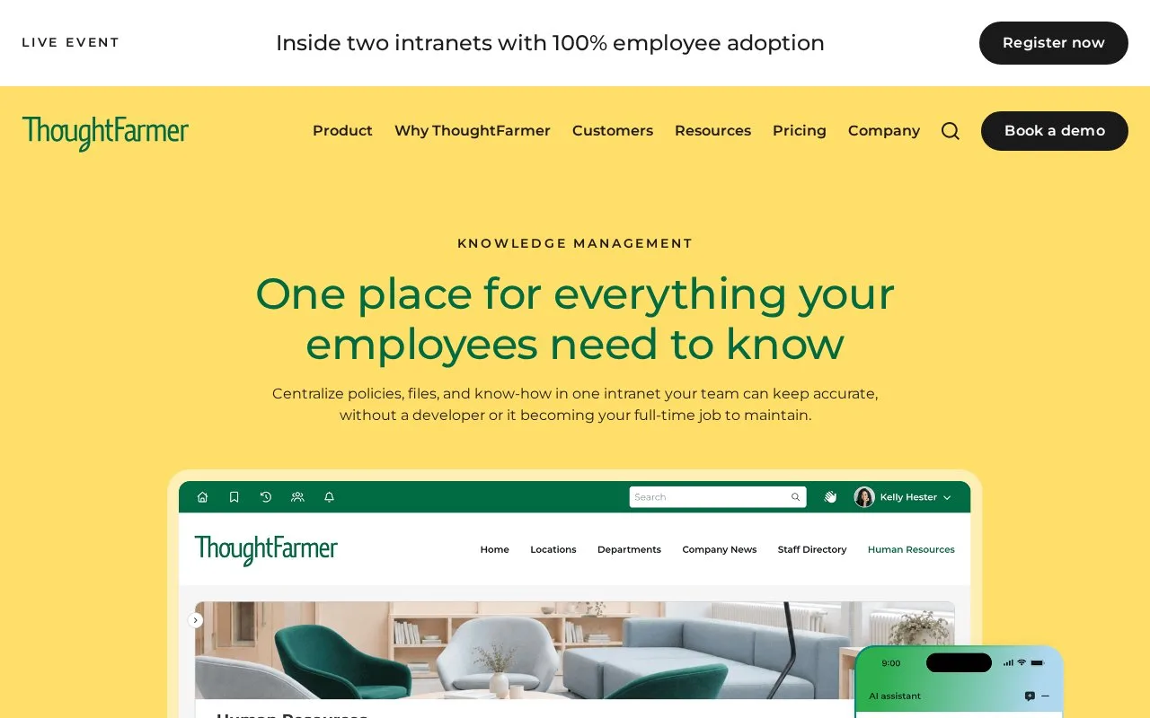 Screenshot of the ThoughtFarmer homepage