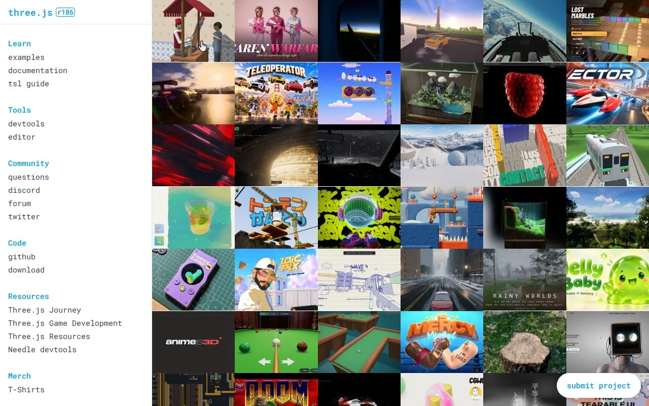 Screenshot of the Three.js homepage