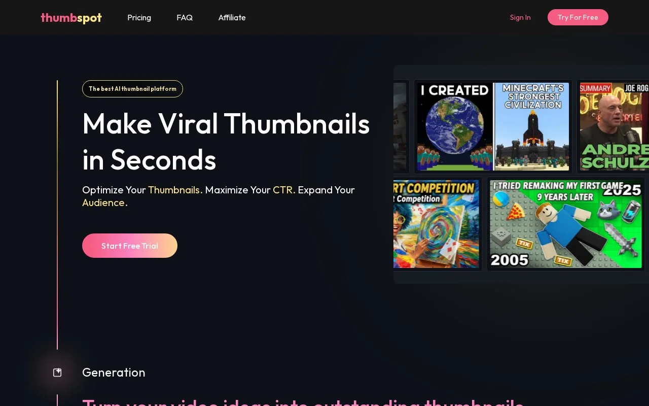 Screenshot of the Thumbspot AI homepage