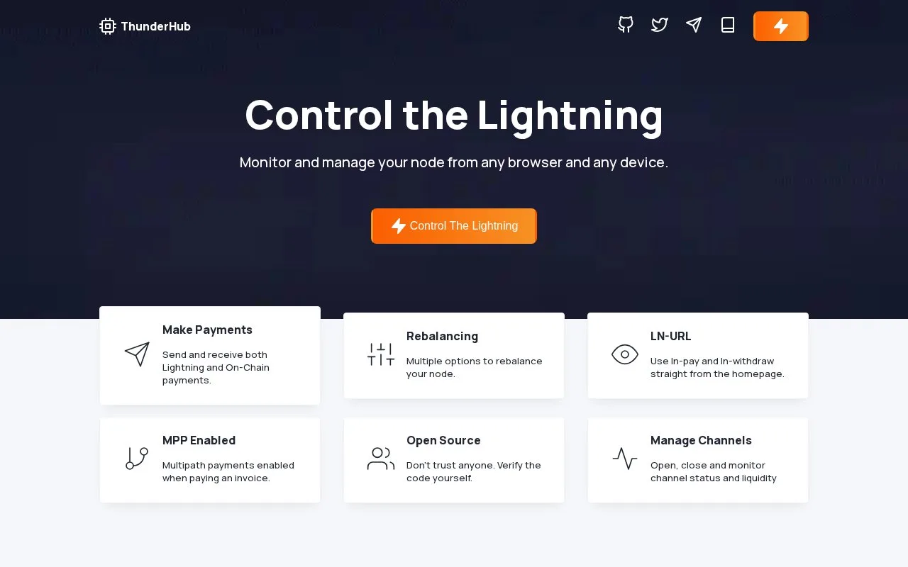 Screenshot of the ThunderHub homepage