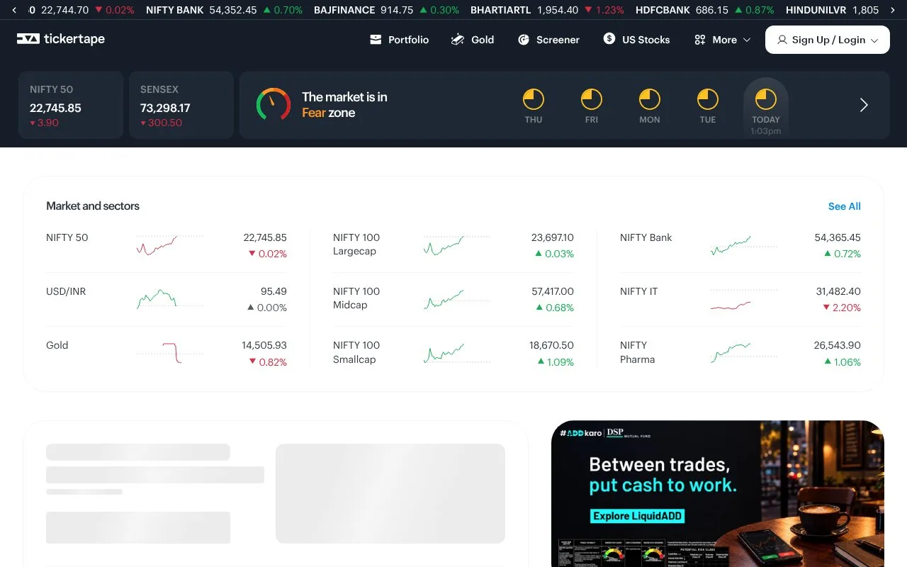 Screenshot of the Tickertape homepage