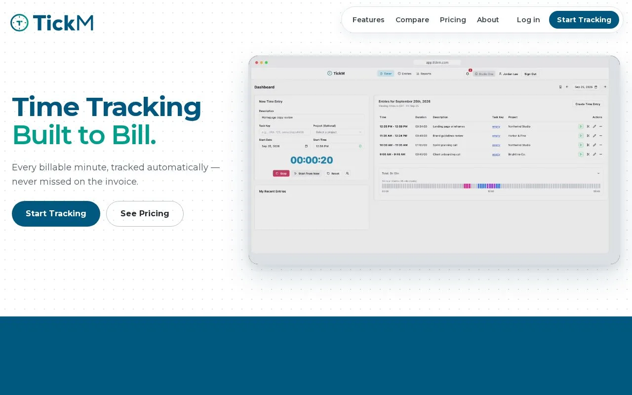 Screenshot of the TickM homepage