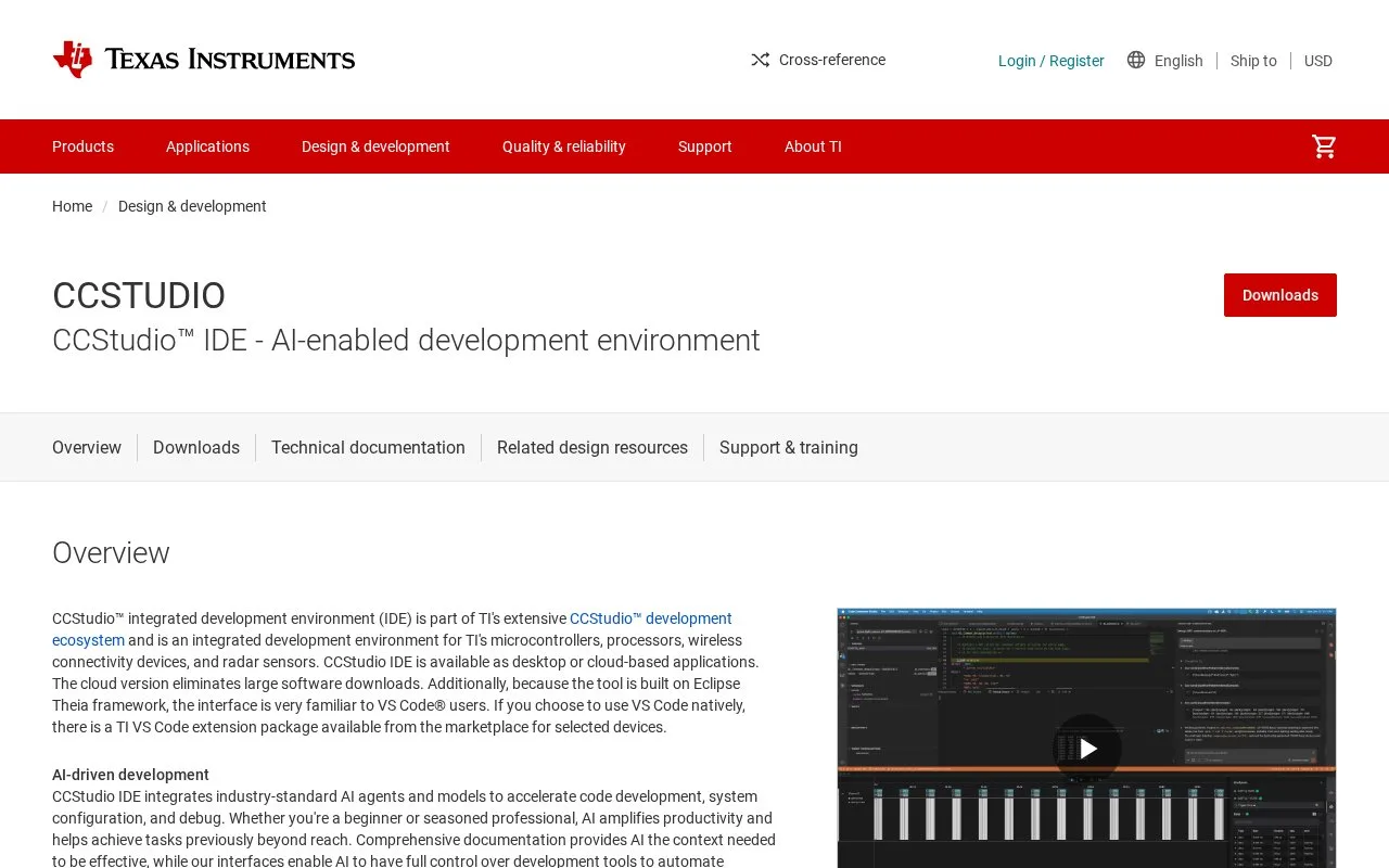 Screenshot of the TI Code Composer Studio (CCStudio IDE) homepage