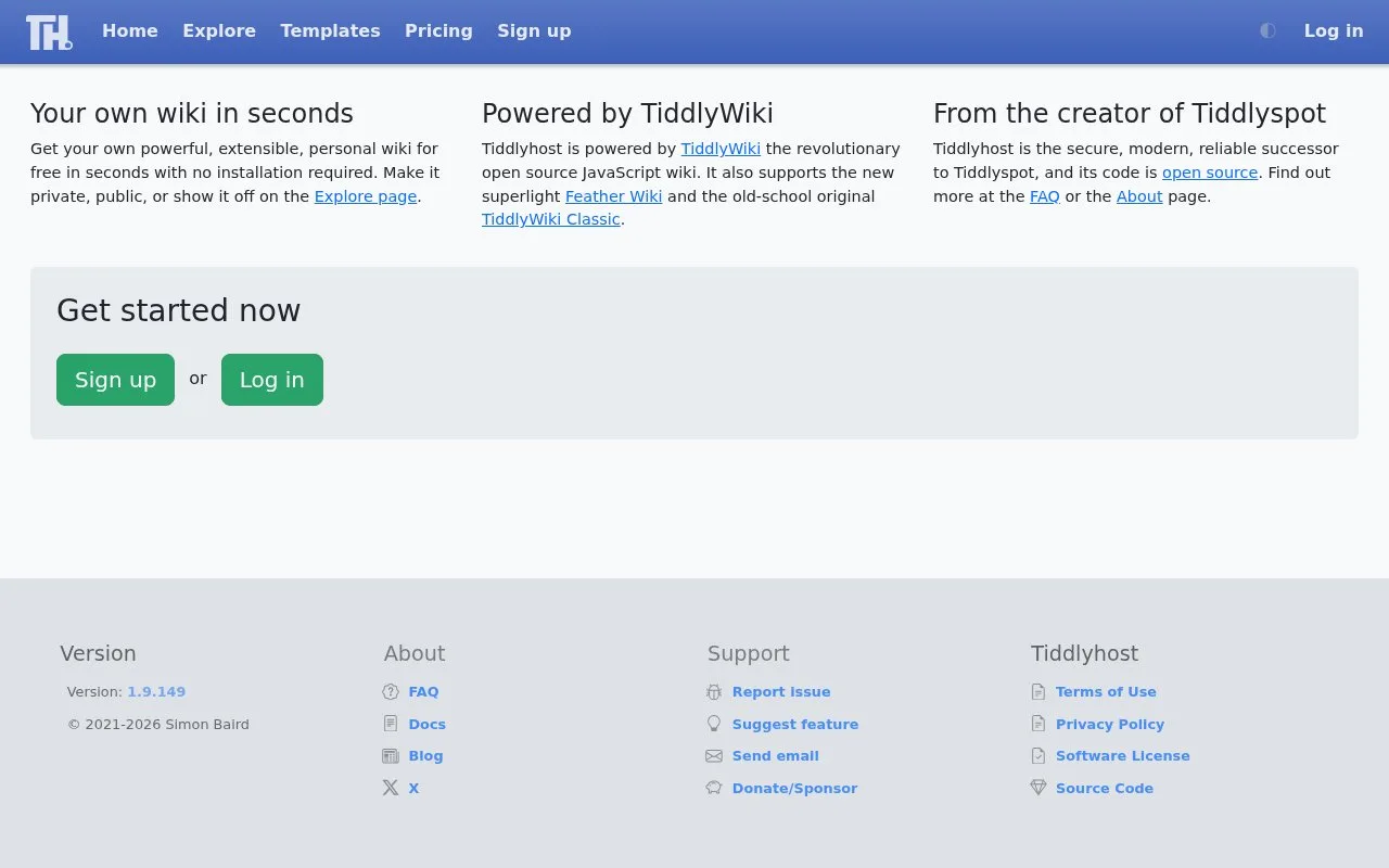 Screenshot of the Tiddlyhost homepage