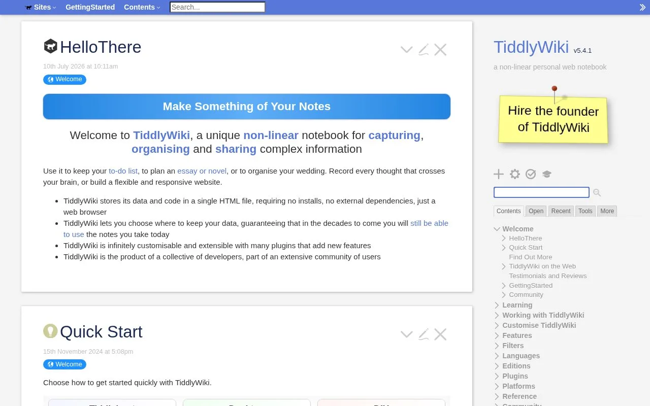 Screenshot of the TiddlyWiki homepage