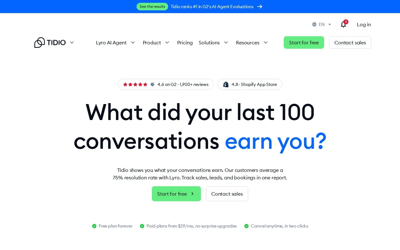 Screenshot of the Tidio homepage